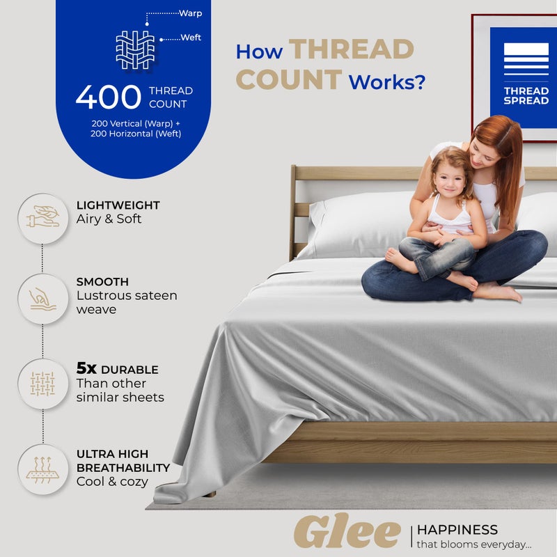 Thread Spread 100% Cotton Queen Sheets Set - 400 Thread Count Queen Size Sheets (4 PC, Silver Grey), 16" Deep Pocket All Around Elastic, Soft, Cooling, Durable & Breathable Sateen Weave Bed Sheet Set - Image 2